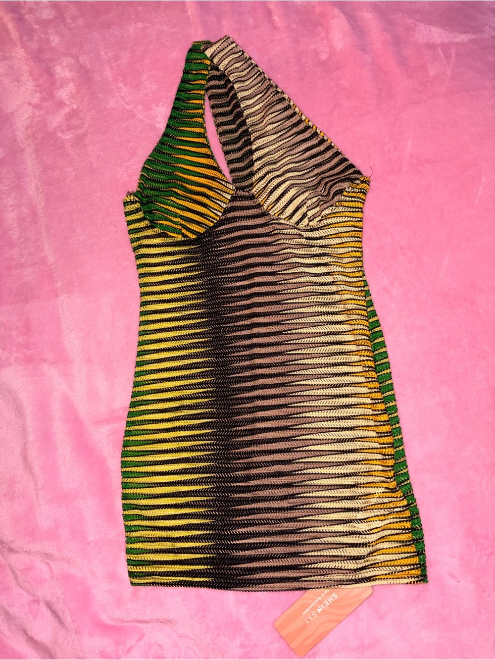 SHEIN Green and Yellow Striped One-Shoulder Dress